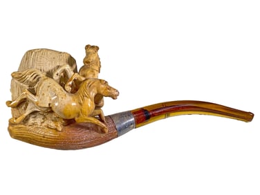19th C Austrian Horses Meerschaum, Sterling & Amber Pipe
