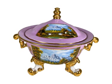 Pink & Gold Porcelain Tureen with Images