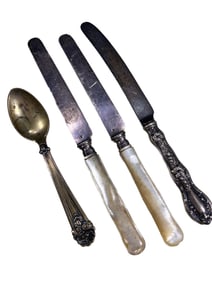 2 19th C French Silver & MOP Knives, 1 Silver Spoon, 1 Knife