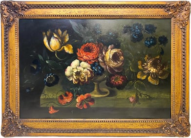 Antique Still Life Oil on Metal Painting