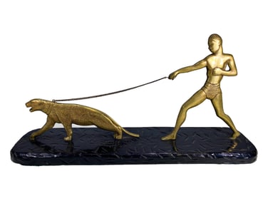 Art Deco Man Taming Tiger Bronze Statue