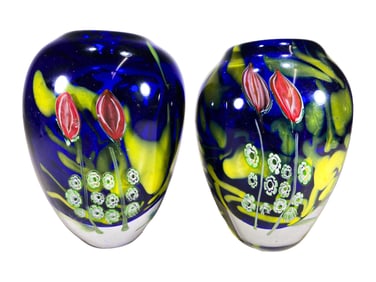 Vintage Pair of Italian Millefiori Glass Vases