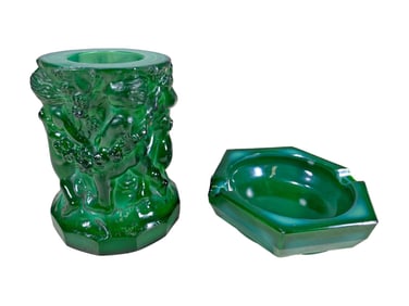 Vintage Malachite Glass Ashtray & Vase