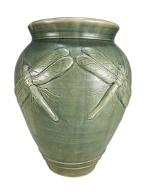Vintage Dragonfly Green Pottery Vase