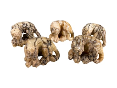 5 Japanese Carved Stone Netsuke Fig