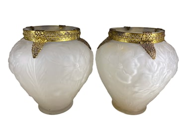 1940 s Tiffin Co Pair of Frosted Glass & Brass Vases