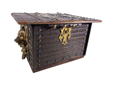 Antique Gilt Bronze & Oak Dog Box
