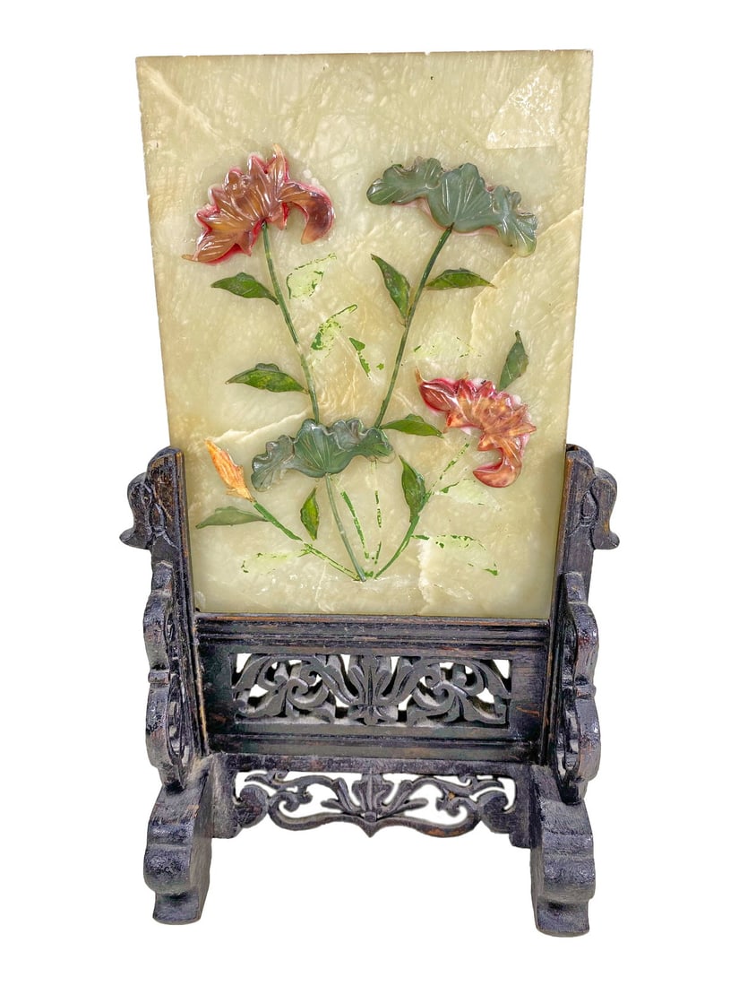 Chinese Hard Stone & Wood Miniature Screen Panel (1 of 6)