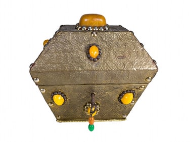 Vintage Hammered Brass & Stones Jewelry Box