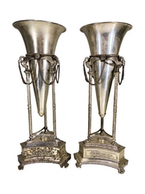 Vintage pair of Hurricane Mantle Silverplated Urns