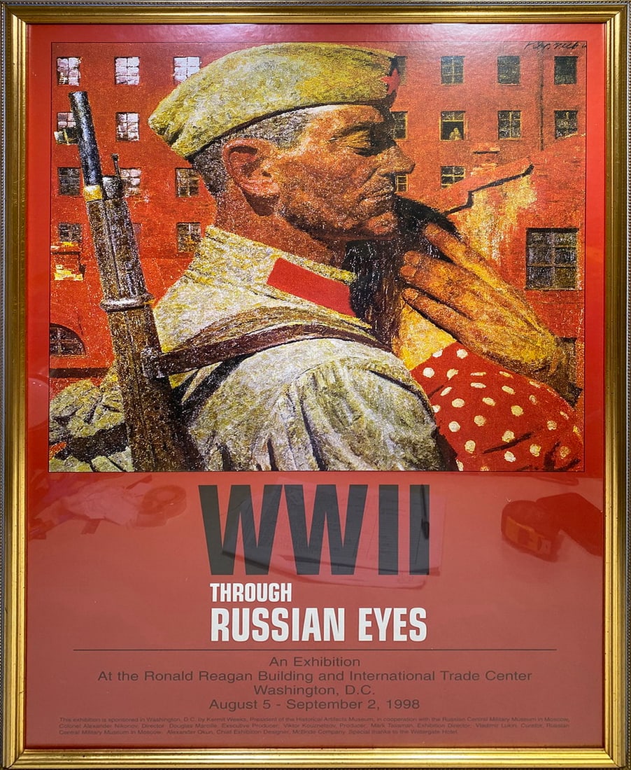 WWII Through Russian Eyes Exhibition Poster, 1998: WWII Through Russian Eyes Exhibition Poster, 1998. 35 1/2 x 23 1/2 x 7/8 in framed.Local Pick up call one day before to make an appointment. TO SHIP THIS ITEM IN USA OR INTERNATIONAL, PLEASE CONTACT T