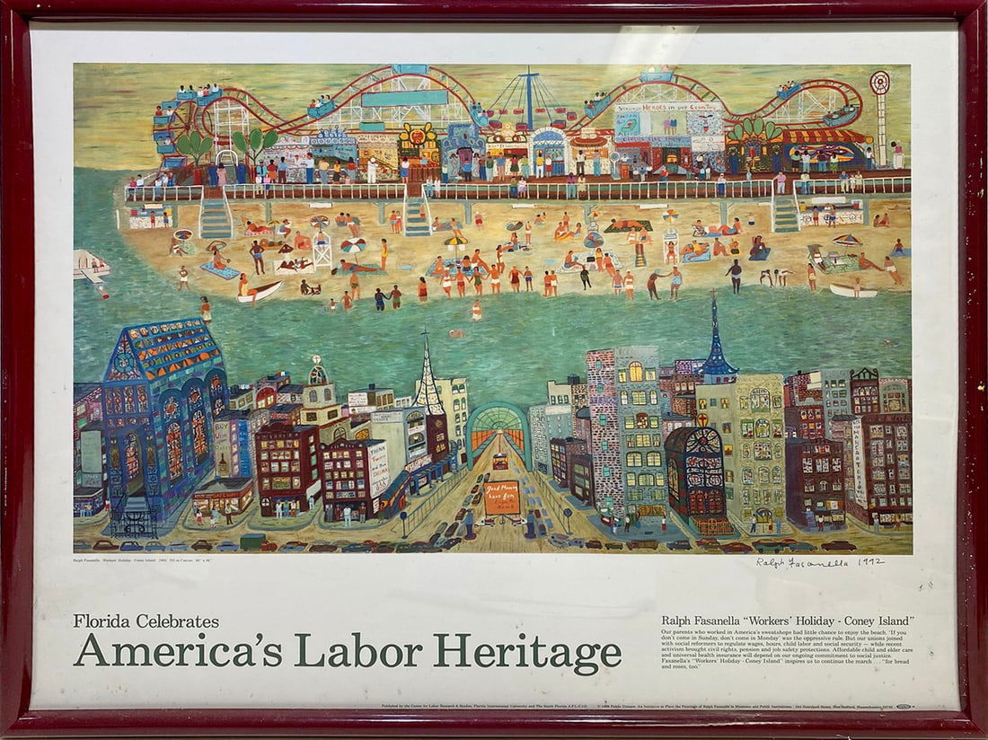 Ralph FASANELLA 1965 Workers Holiday Exhibition Poster: Ralph FASANELLA 1972 Workers Holiday Exhibition Poster. 23 x 28 7/8 x 1 1/4 in framed.Local Pick up call one day before to make an appointment. TO SHIP THIS ITEM IN USA OR INTERNATIONAL, PLEASE CONTAC