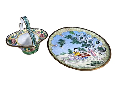 2 Vintage Chinese Cloisonne Basket & Plate