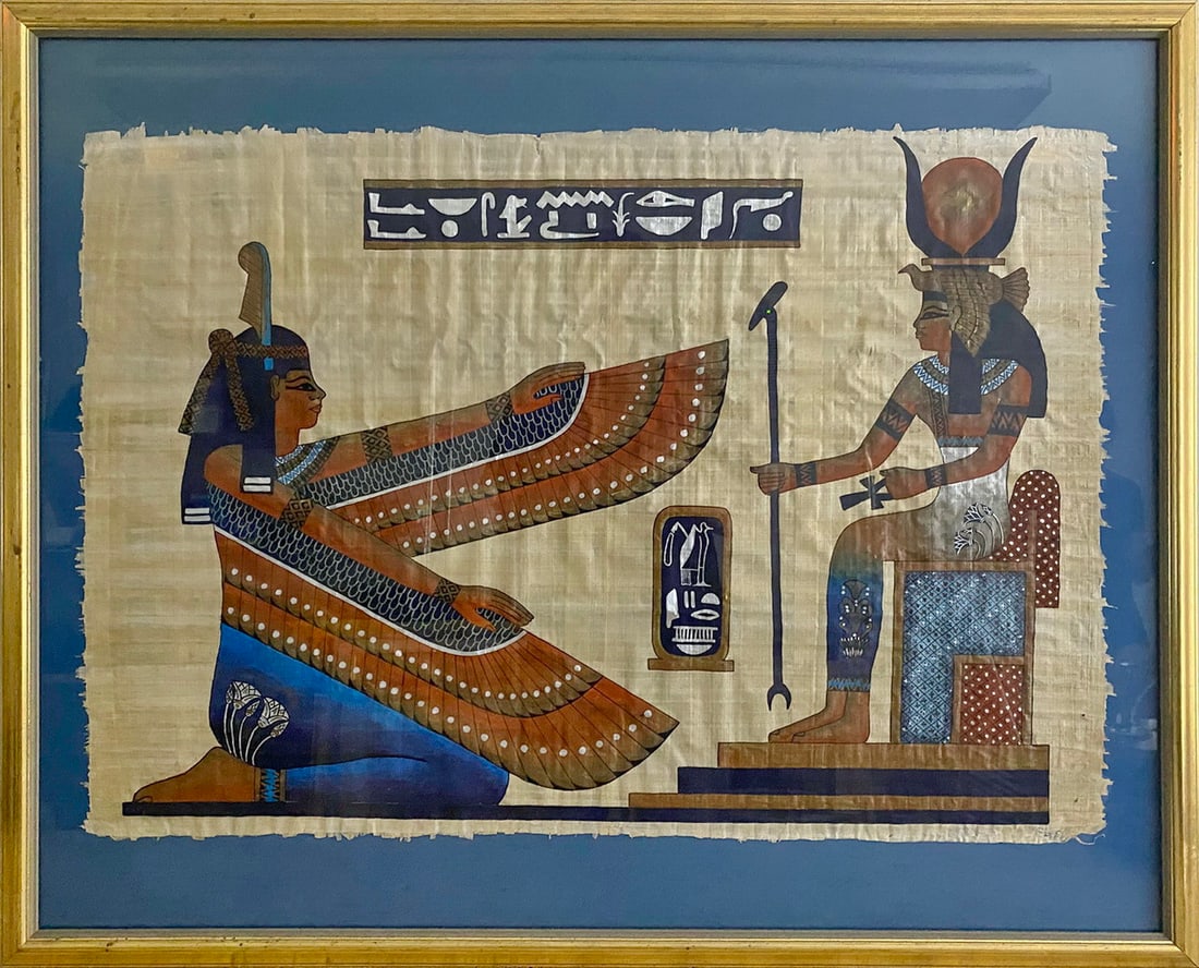 Framed Hand Painted Egyptian Papyrus: Framed Hand Painted Egyptian Papyrus. 34 x 42 x 1 in framed.Local Pick up call one day before to make an appointment. TO SHIP THIS ITEM IN USA OR INTERNATIONAL, PLEASE CONTACT THE SHIPPERS : 1) UPS st