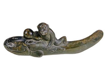 Antique Japanese Monkey & Fish Pewter Sculpture