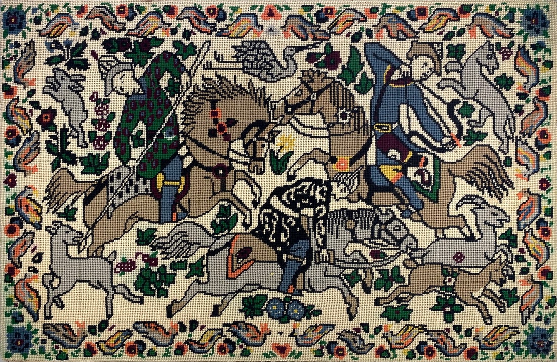 Vintage Persian Hunters Needlepoint: Vintage Persian Hunters Needlepoint. 21 x 32 1/4 x 3/4 in.Local Pick up call one day before to make an appointment. TO SHIP THIS ITEM IN USA OR INTERNATIONAL, PLEASE CONTACT THE SHIPPERS : 1) UPS stor