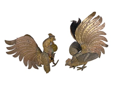 Vintage Pair of Brass Fighting Roosters