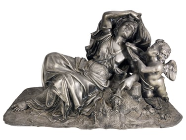 Vintage French Woman & Cherub Spelter Sculpture