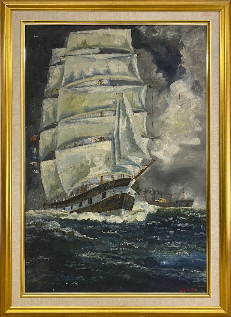 Signed William Moore Ship Painting: Signed William Moore Ship Painting. 41 1/8 x 29 1/8 x 1 in framed.Local Pick up call one day before to make an appointment. TO SHIP THIS ITEM IN USA OR INTERNATIONAL, PLEASE CONTACT THE SHIPPERS : 1)