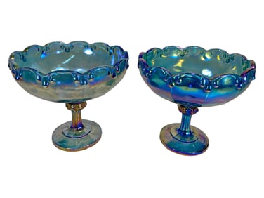 2 Indiana Blue Iridescent Carnival Glass Compotes