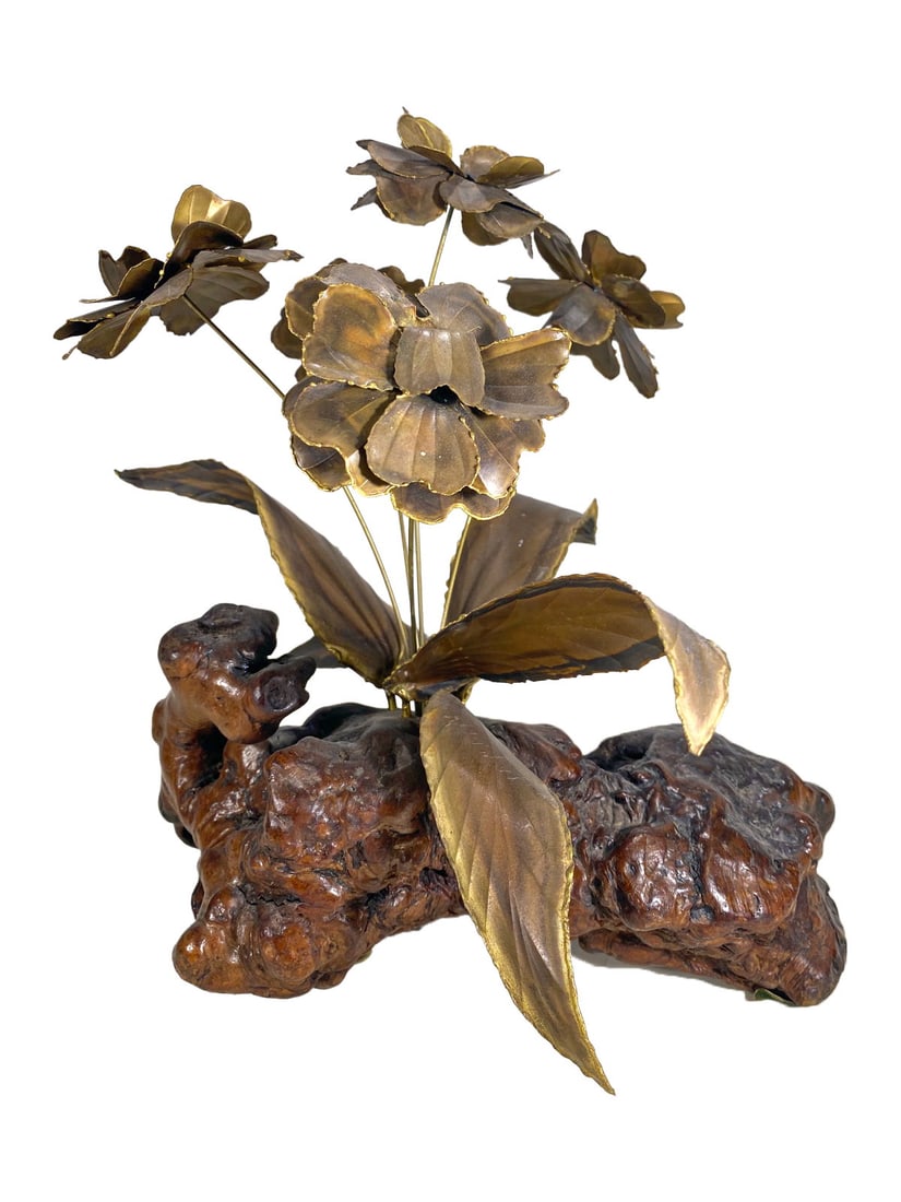Vintage Brutalist Brass & Wood Flower Sculpture (1 of 4)