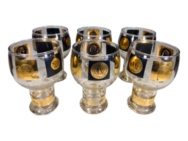 1960s Set of 6 22 K Gold & Coin Barware Glasses