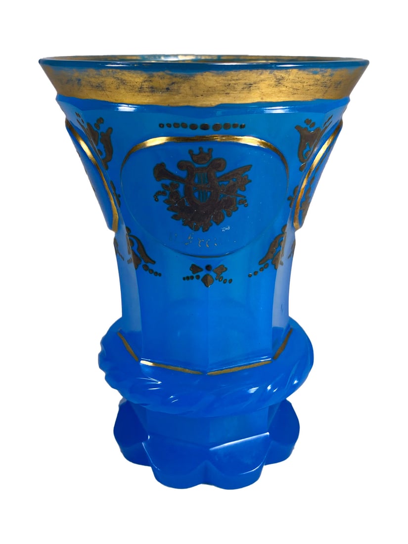 German Bohemian Blue Opaline & Gold Goblet: German Bohemian Blue Opaline & Gold Goblet. 5 1/8 x 3 3/4 in.Local Pick up call one day before to make an appointment. TO SHIP THIS ITEM IN USA OR INTERNATIONAL, PLEASE CONTACT THE SHIPPERS : 1) UPS s