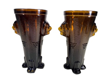 Mid Century Pair of Amber Lions Head Glass Vases