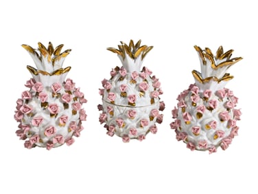 3 Lefton Pineapple Salt & Pepper Porcelain Shakers & Box
