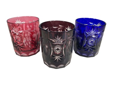 3 Blue, Brown & Red Cut to Clear Crystal Glasses