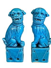 2 Chinese Blue Glazed Foodogs Porcelain Fig