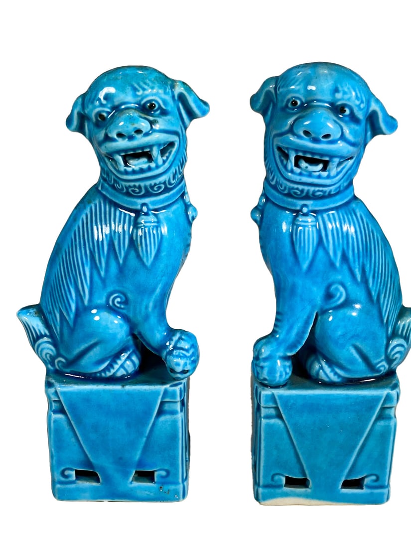 2 Chinese Blue Glazed Foodogs Porcelain Fig (1 of 6)
