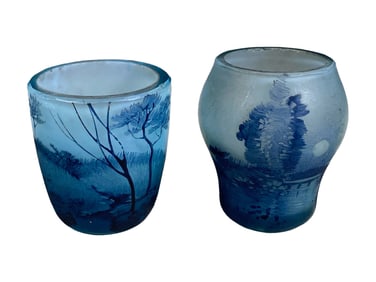 Antique Cameo Blue Glass Miniature Vases