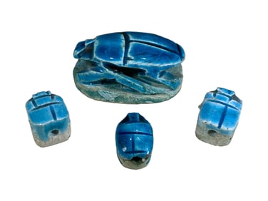 4 Miniature Egyptian Blue Glazed Porcelain Scarabs