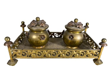 Antique European Bronze Desk Double Inkwell