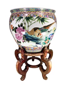Chinese Large Porcelain Planter & Wood Base