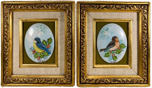 Vintage Pair of Framed Birds Porcelain Plaques
