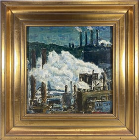 Vintage Oil on Masonite Cityscape Painting, signed