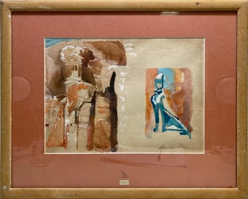 Vintage Egyptian Watercolor Painting, signed
