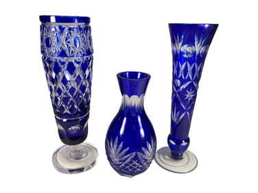 Set of 3 Blue Cut to Clear Crystal Vases