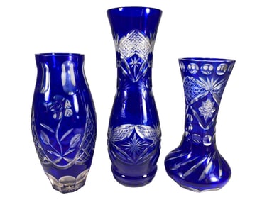 Set of 3 Blue Cut to Clear Crystal Vases
