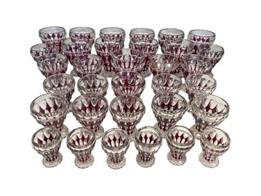 Val St Lambert Style Set of 33 Ruby Cut to Clear Glasses