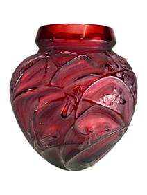 Signed R. Lalique Sauterelles Grasshooper Red Glass Vase