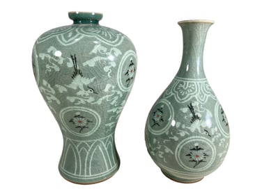 2 Korean Koryo Style Celadon Porcelain Vases