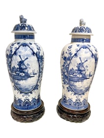 2 Simillar Delfts, Holland Porcelain Jars, Wood Base