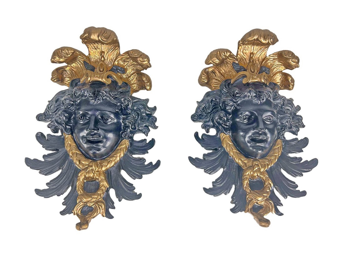 Pair of Black & Gold Composition Faces Plaques (1 of 5)