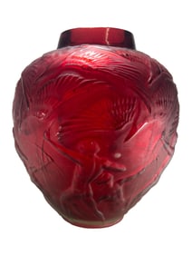 Signed R. Lalique Archers Red Glass Vase