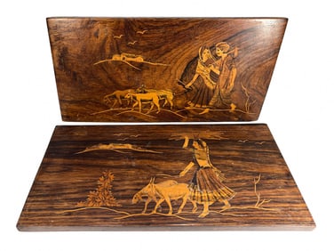 Pair of Indian Inlay Wood Plaques
