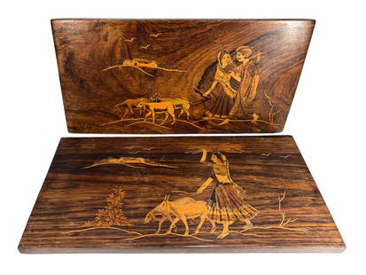 Pair of Indian Inlay Wood Plaques: Pair of Indian Inlay Wood Plaques. 6 3/4 x 14 x 1/2 in.Local Pick up call one day before to make an appointment. TO SHIP THIS ITEM IN USA OR INTERNATIONAL, PLEASE CONTACT THE SHIPPERS : 1) UPS store19