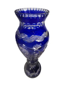 Czech Blue Cut to Clear Crystal Vase